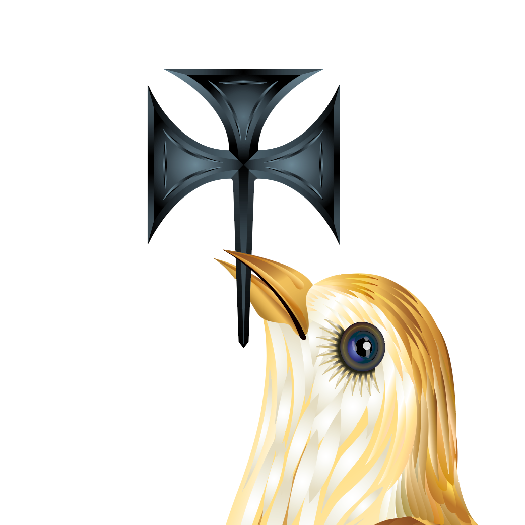A black Cross held by the beak of a gold-coloured bird head, set against a plain white background.