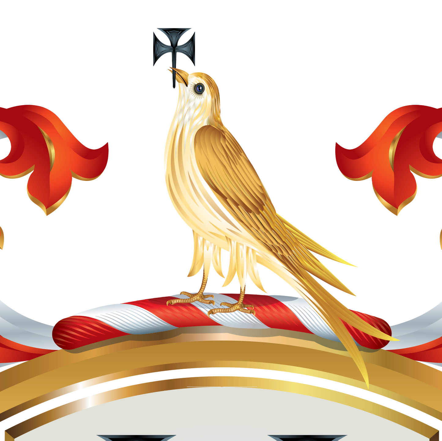 A stylized crest graphic featuring a golden bird perched on a red-and-white striped wreath, with a small black flag above its beak and red decorative flourishes on both sides on a white background.
