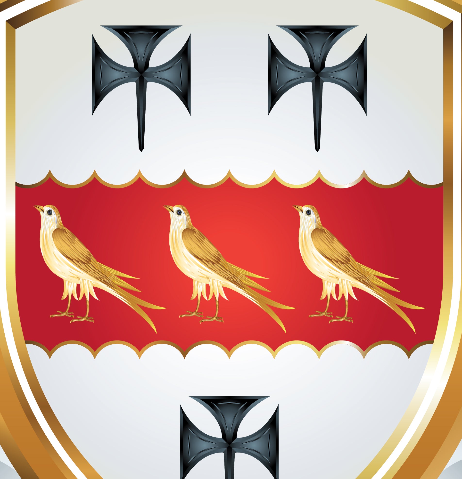 A heraldic shield design with a white upper field, a red horizontal band, three gold birds, and three black crosses, framed by a gold border.