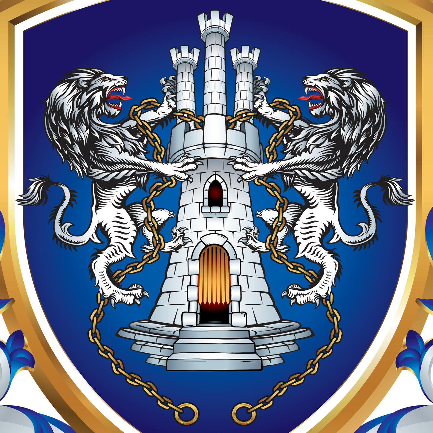 A closeup of coat of arms featuring a blue shield with a white castle, two silver lions holding a gold chain, and a gold border with blue and white decorative flourishes.