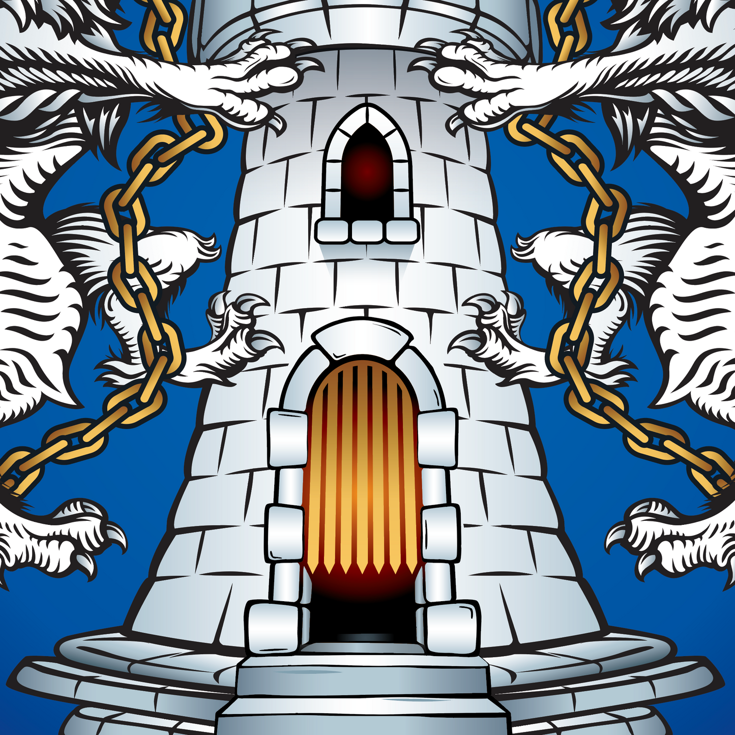 A closeup of coat of arms crest showing lion paws with claws and gold portcullis