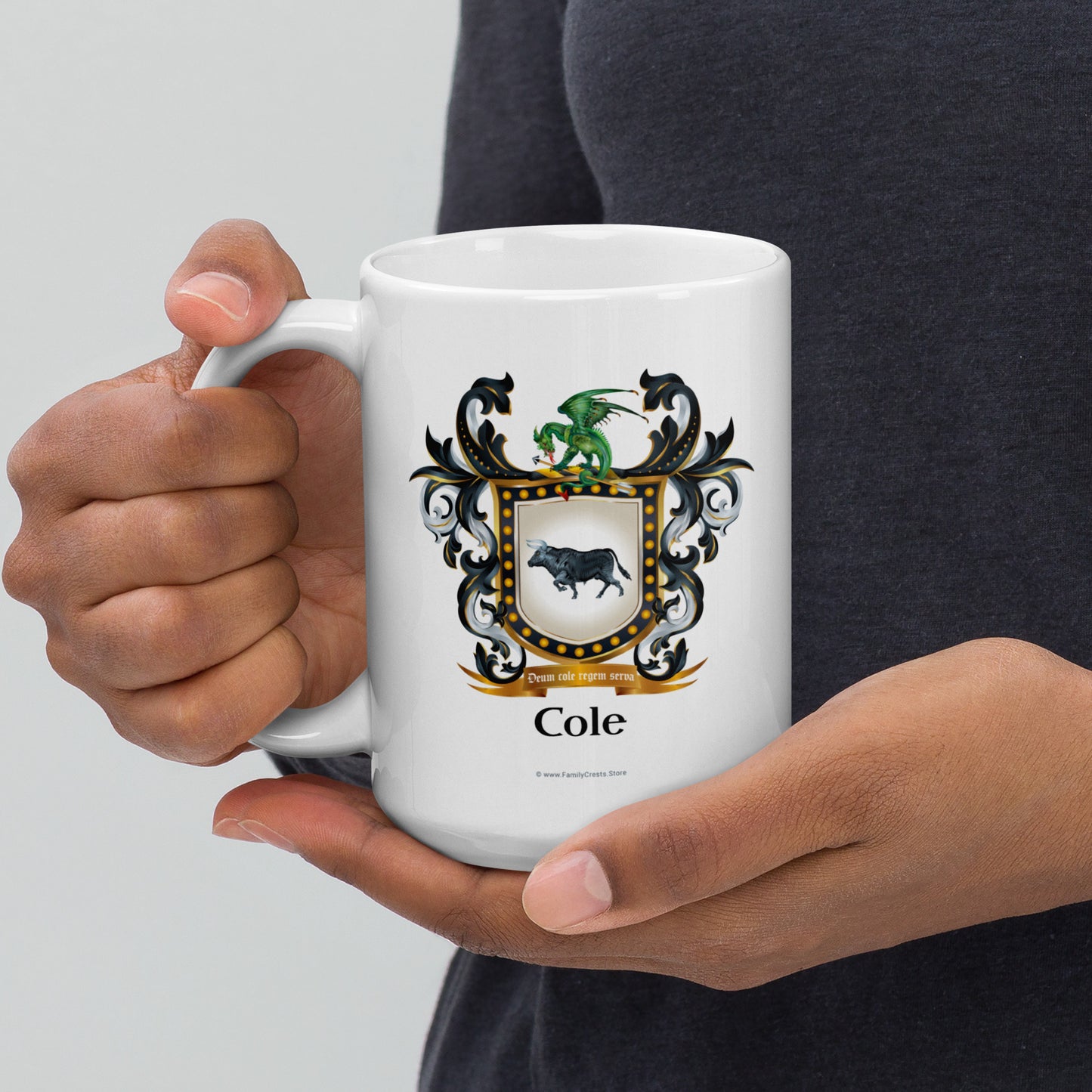 Person holding a white mug with a Cole-Family-Crest coat of arms design on a light gray background