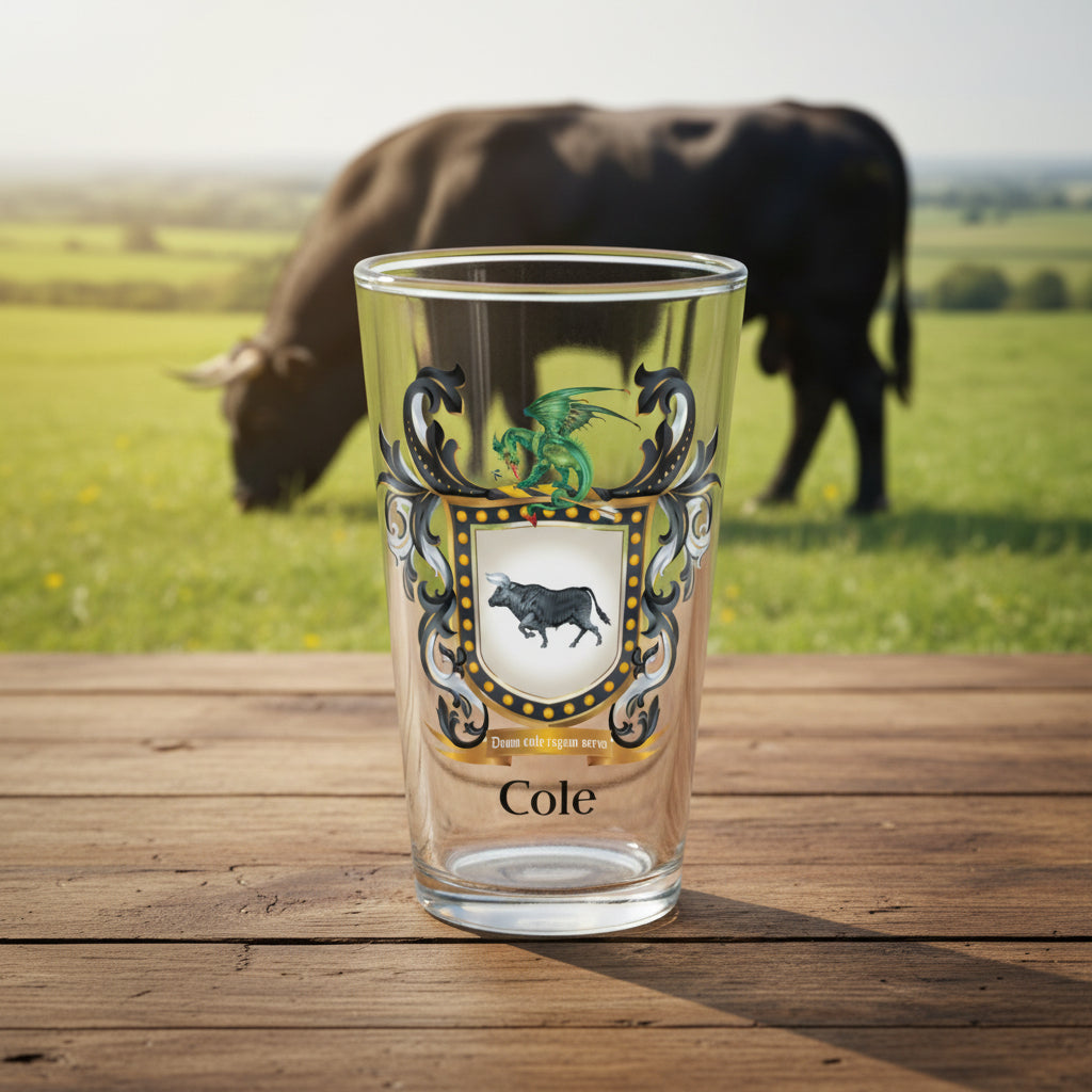Clear pint beer glass with a Cole coat of arms showing a black bull and a dragon on a white background