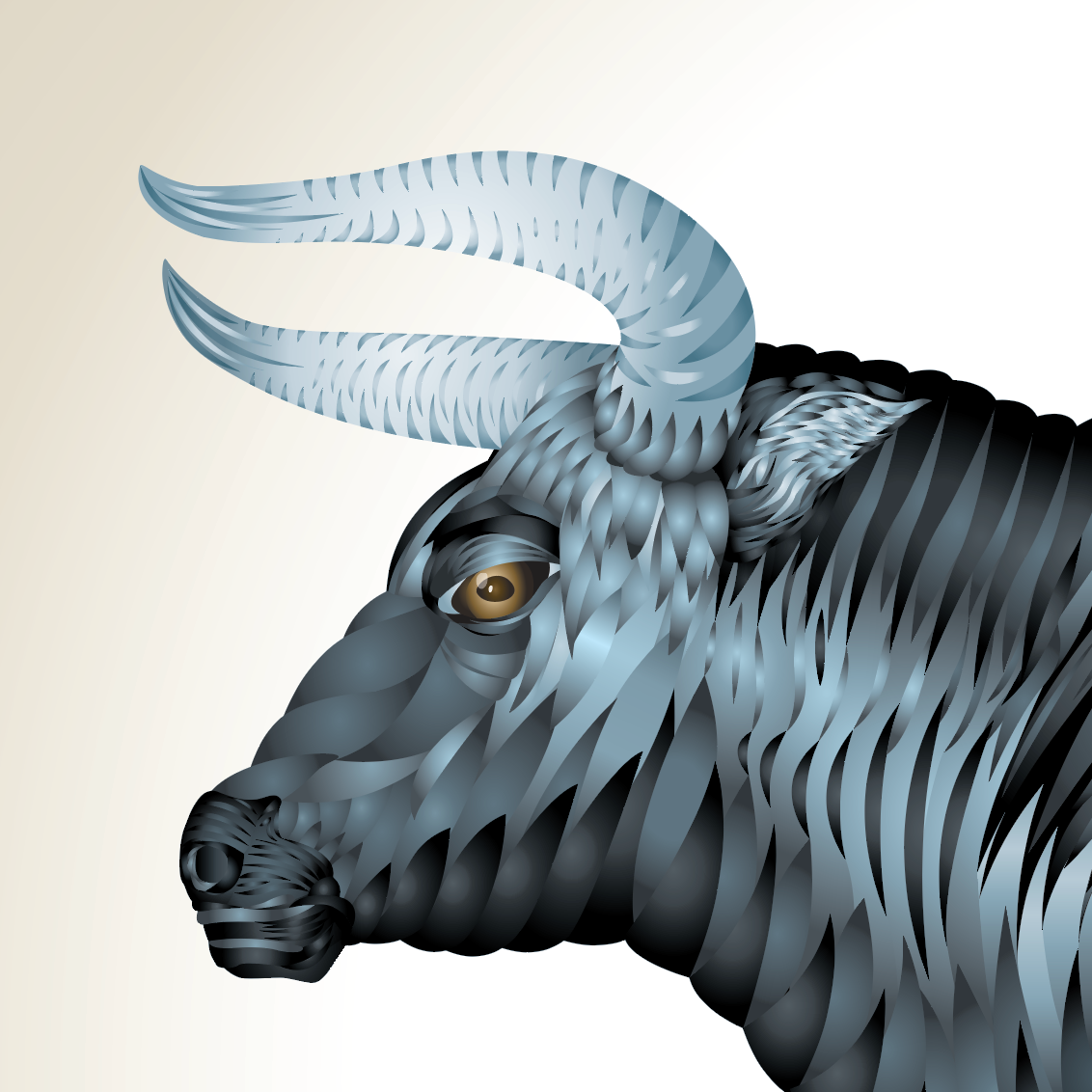 Close-up from the Cole family coat of arms of a stylized bull's head with prominent horns on a white background