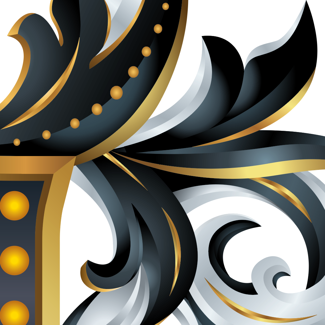 Close-up from the Cole family coat of arms of decorative mantling with black, gold, and white elements on a white background