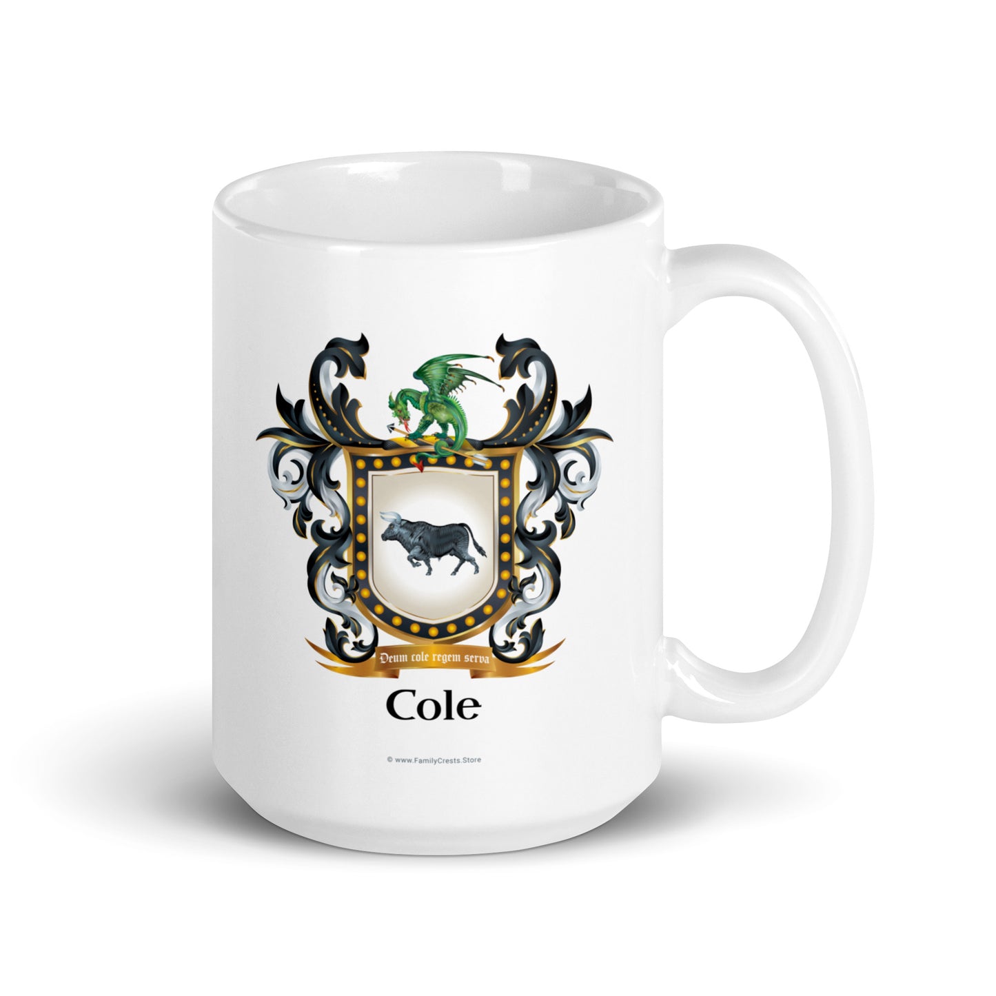 A white mug on a white background with the Cole family coat of arms featuring a black bull and a green dragon on the front of the mug. 