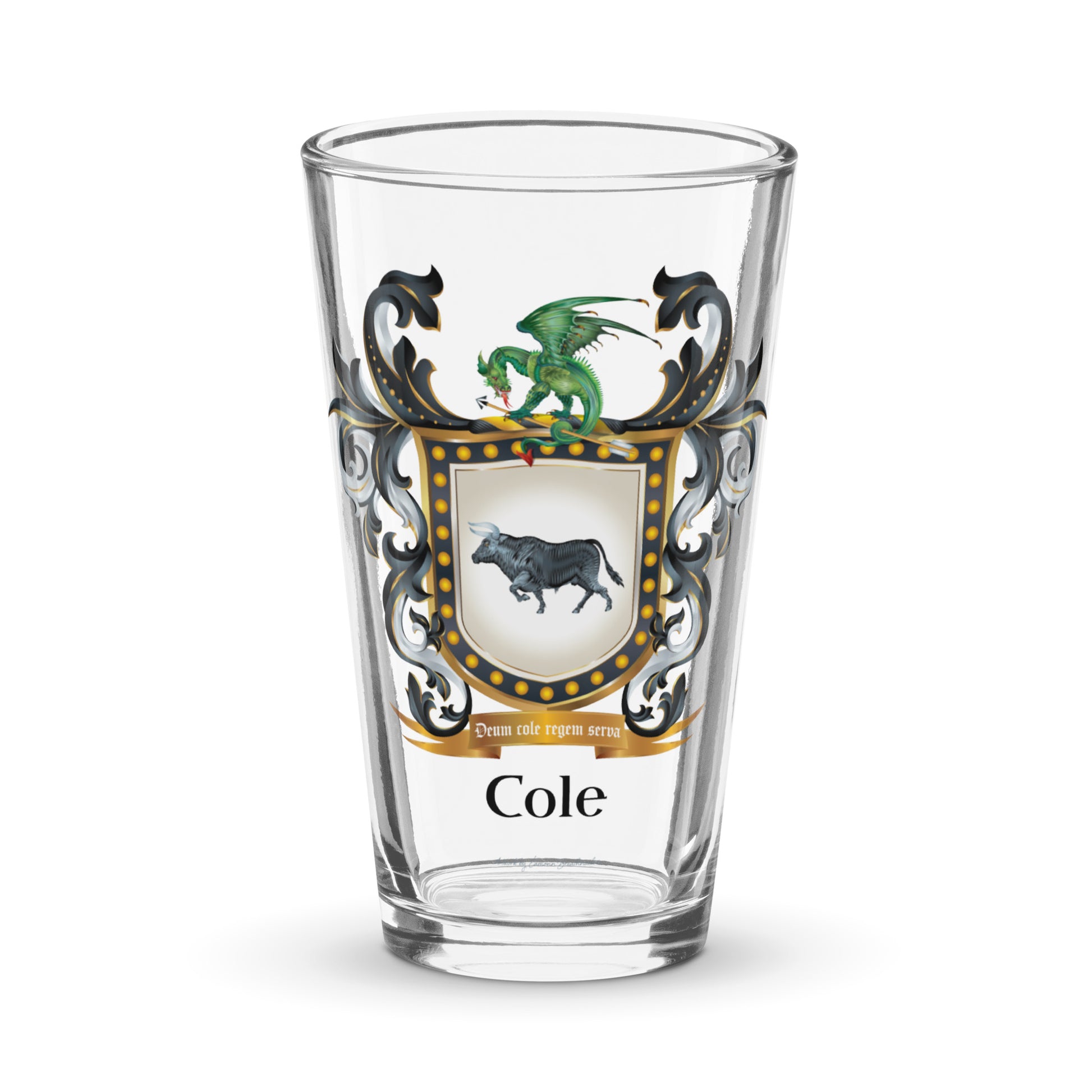 A pint glass against a white background with the Cole family coat of arms showing a black bull and a dragon on the front of the glass 