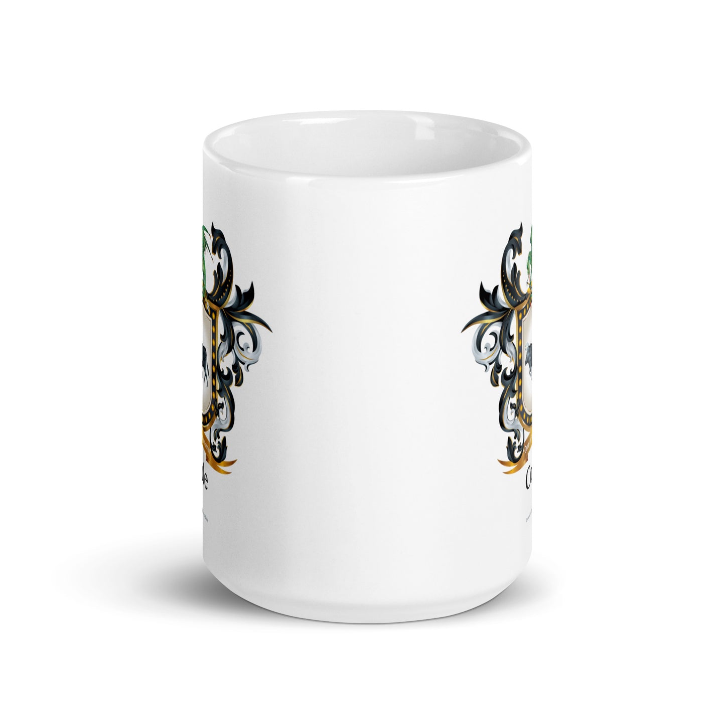 Cole family crest showing on two sides of a white mug
