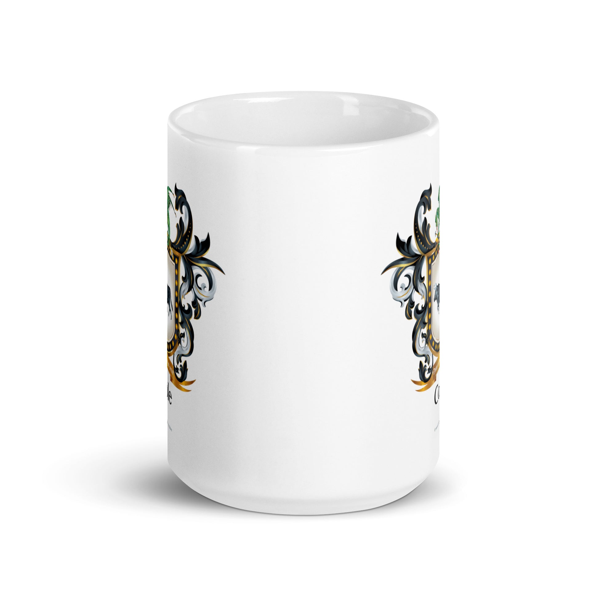 Cole family crest showing on two sides of a white mug