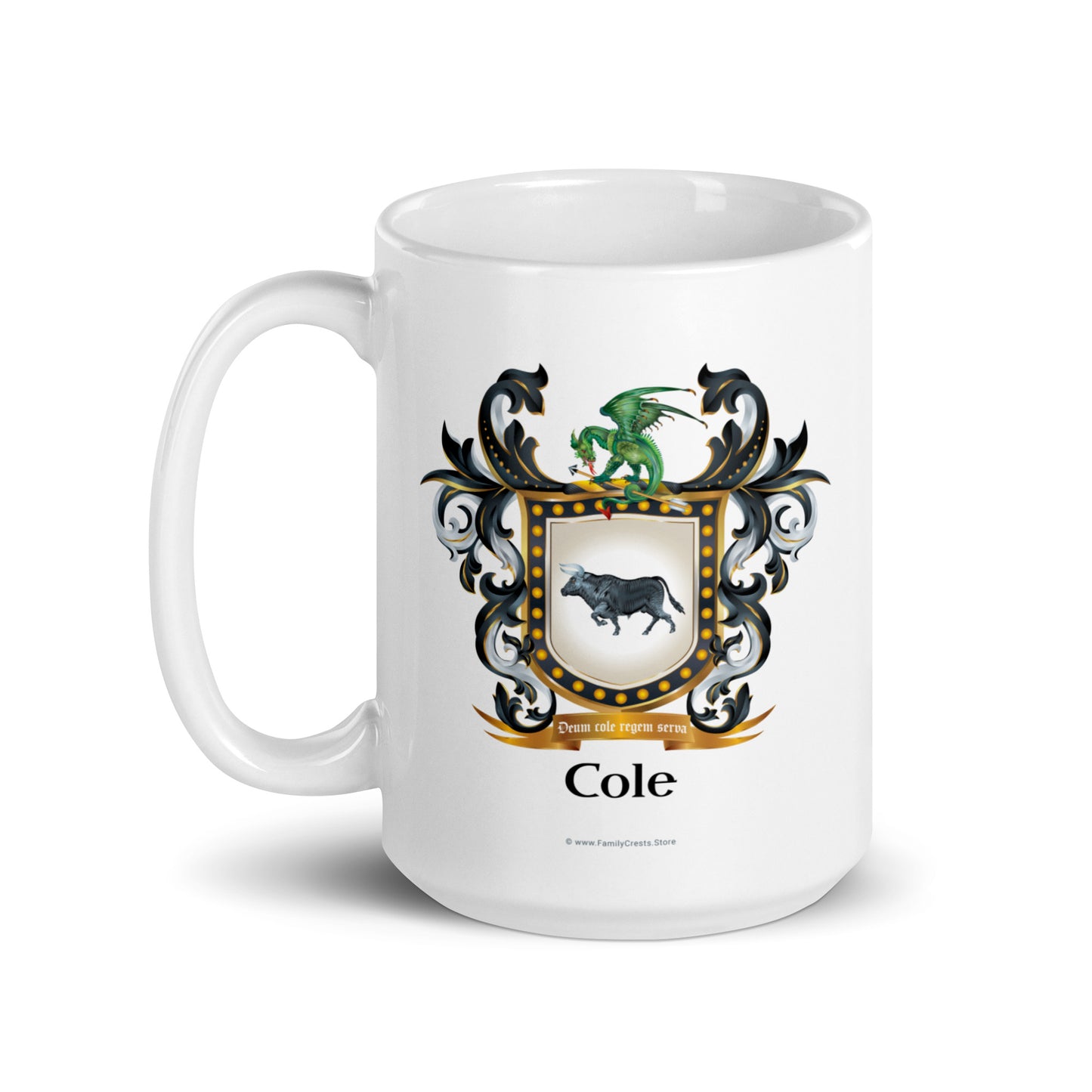 A white mug with handle on left, with Cole family coat of arms featuring a black bull and a green dragon