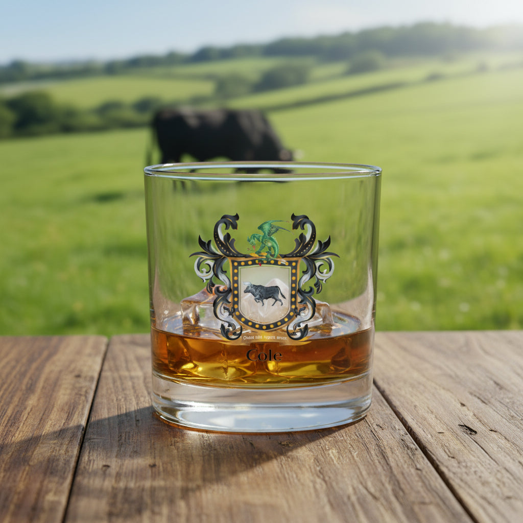 Clear glass with a family crest and the name 'Cole' on a white background