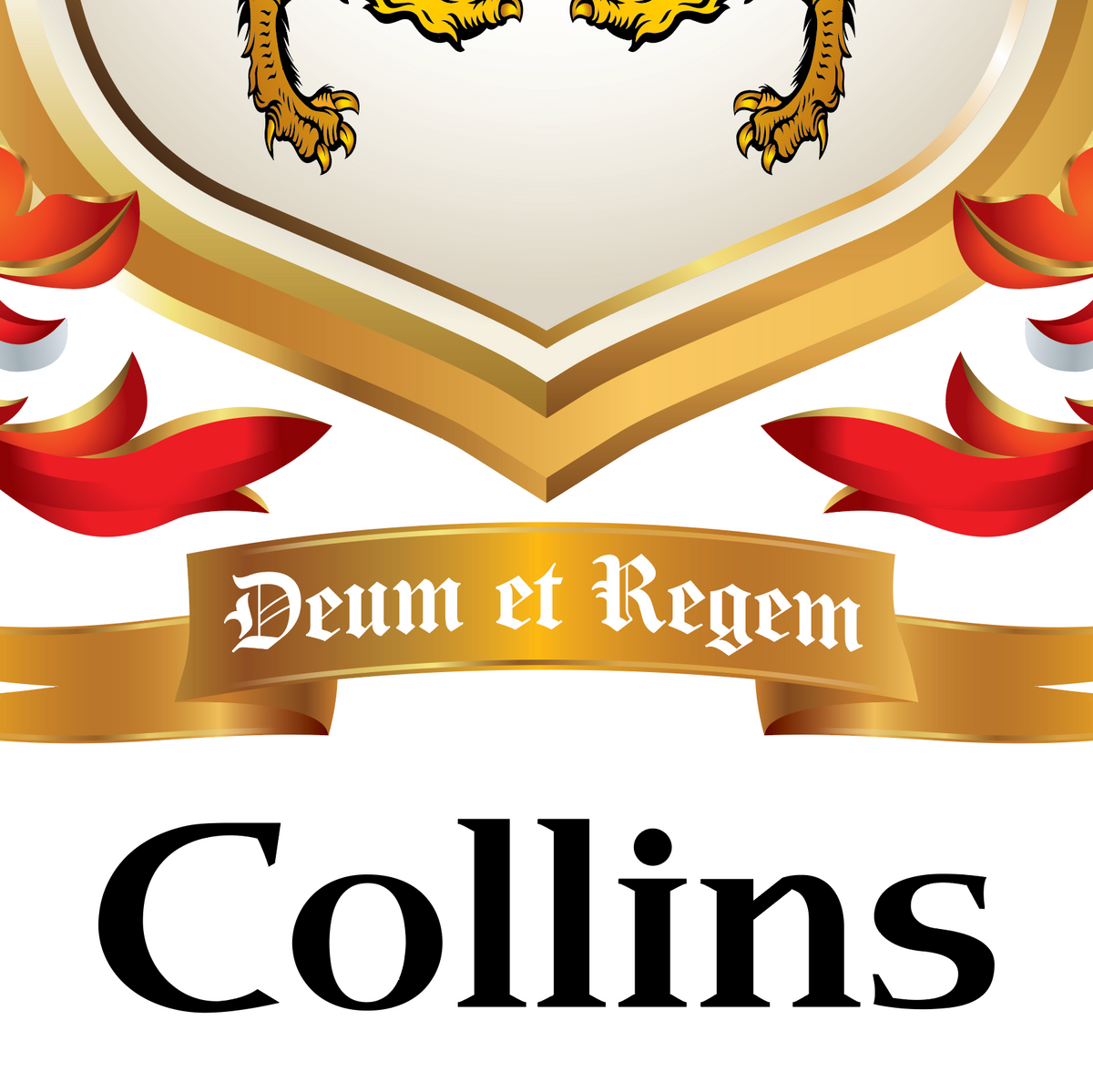 A close-up of the lower half of the Collins coat of arms featuring the motto ribbon and the words 'Deum et Regem' above the word 'Collins' in large black heraldic font text on a white background.