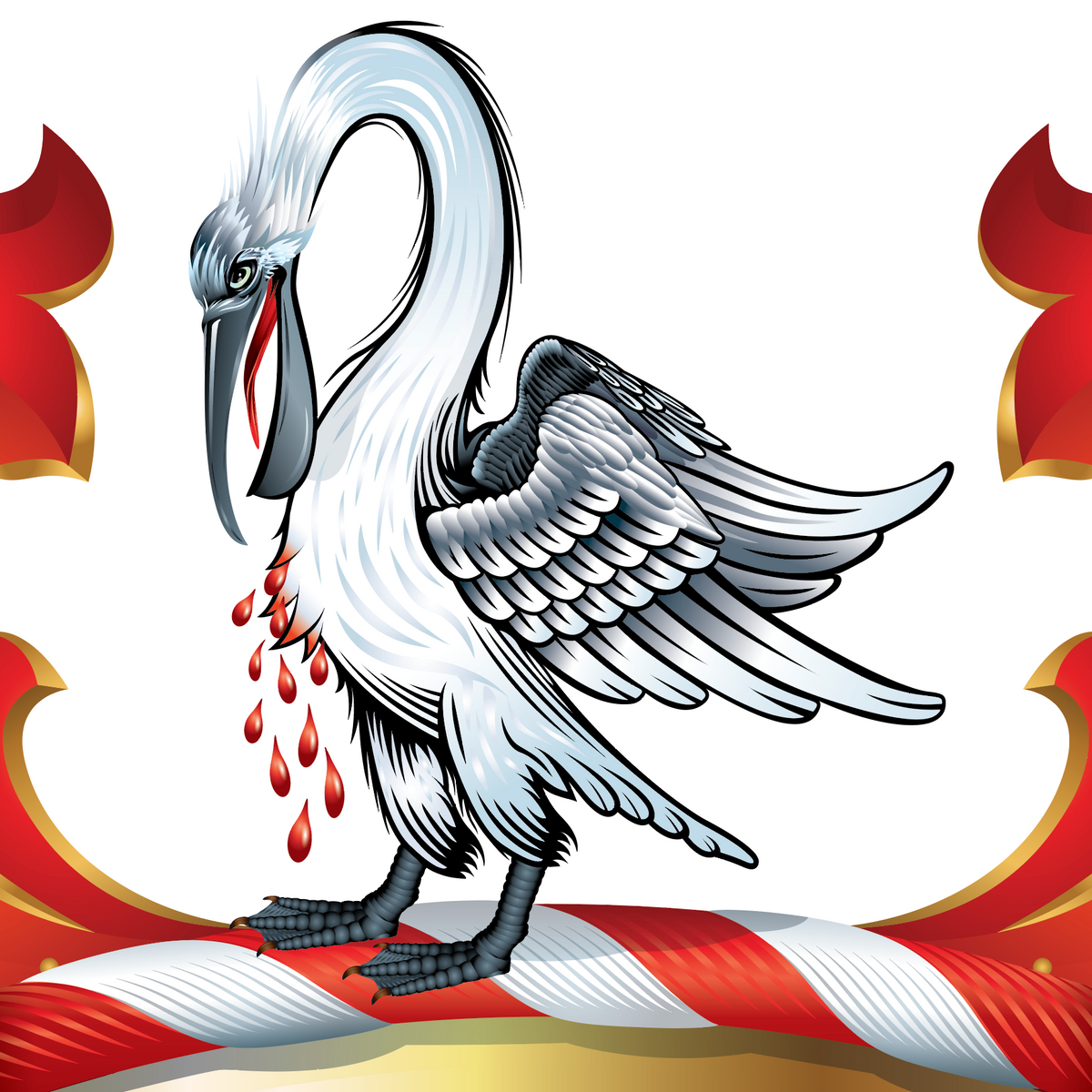 A close-up of the Collins coat of arms featuring a pelican with drops of blood (a pelican in her piety—an ancient emblem of sacrifice, devotion, and family protection) on a white background.