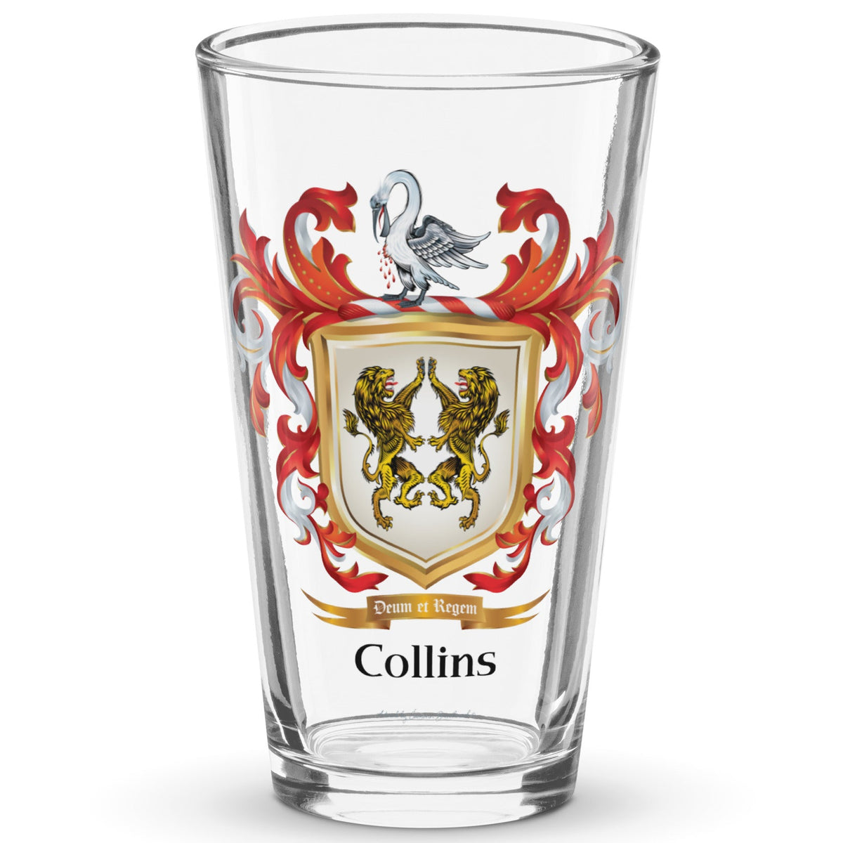 A clear classic pint beer glass on a white background, printed with the Collins Family Crest beer glass featuring 2 lions on a white shield.