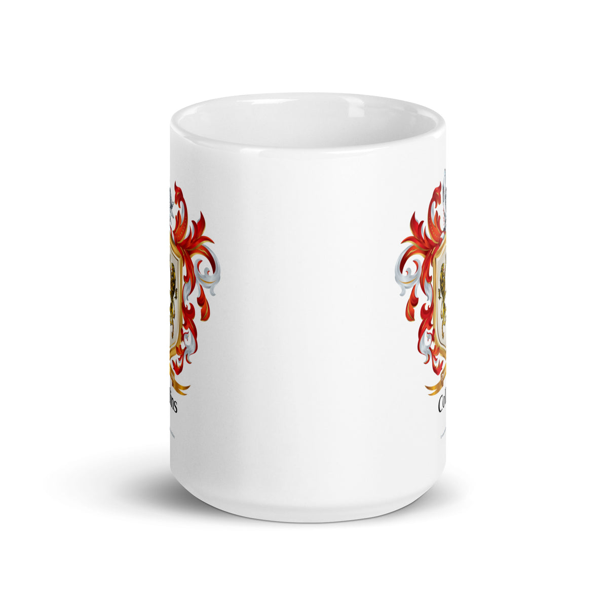 Collins Family Crest with crest partly showing on two sides of the mug.