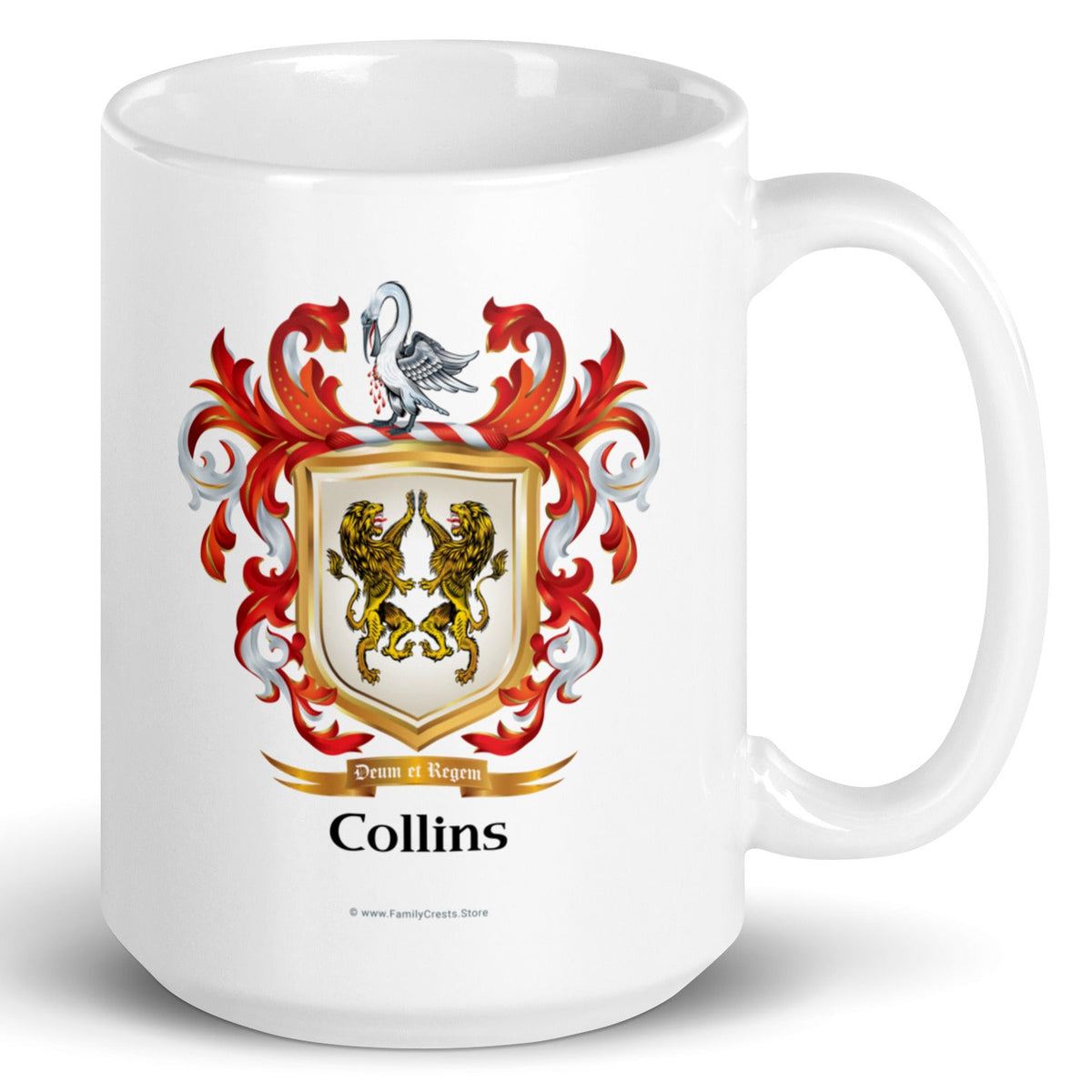 A white mug on a white background, printed with the Collins Family Crest which features two opposing lions on a white shield. The handle of the mug is shown to the right.