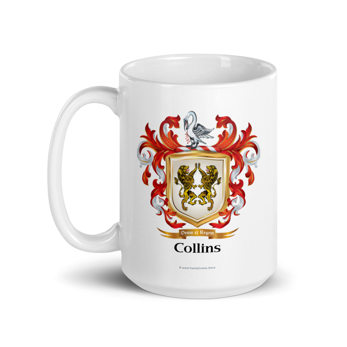 A white mug on a white background, printed with the Collins Family Crest which features two opposing lions on a white shield. The handle of the mug is shown to theleft.