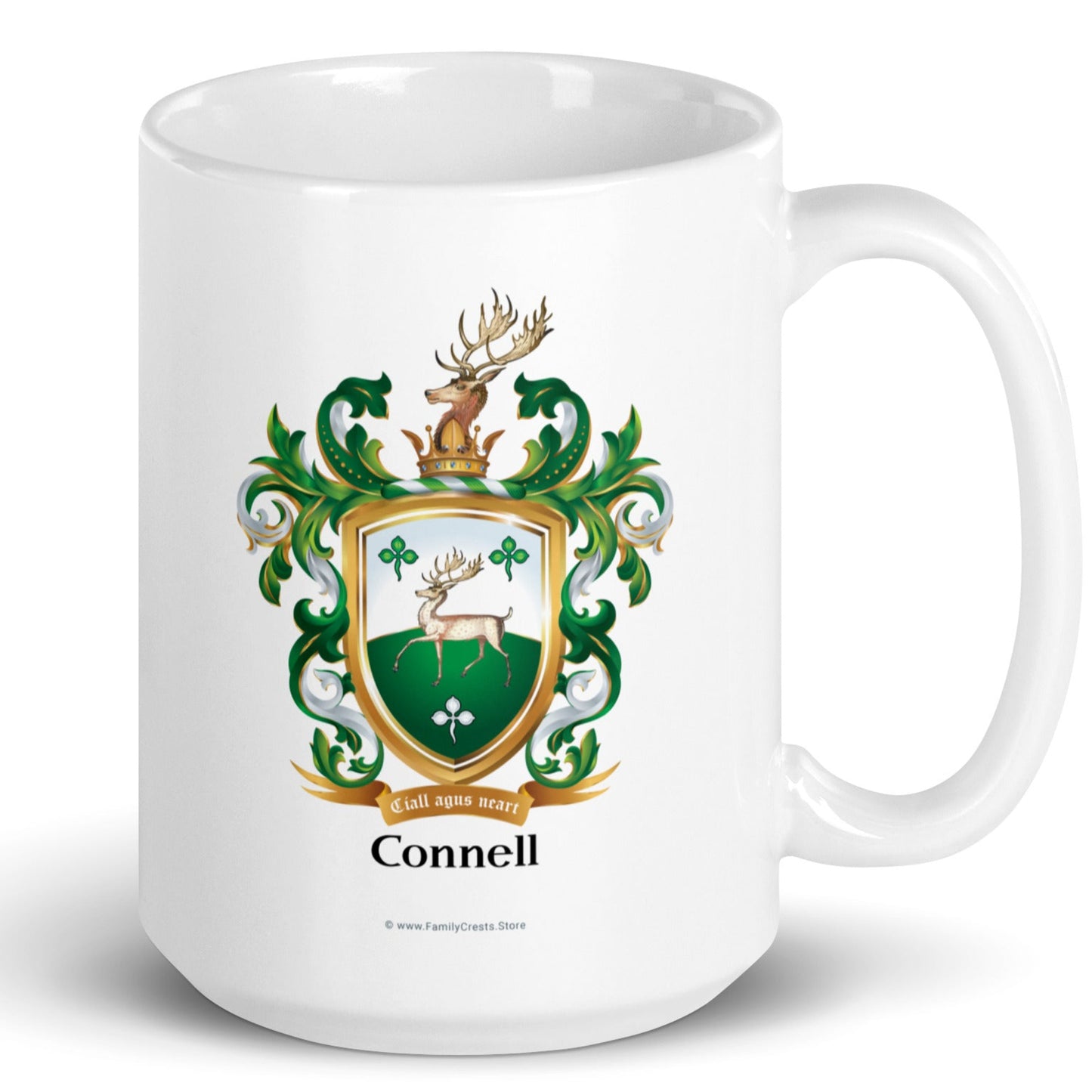 The Connell Family Crest mug with a stag on the shield on a white background