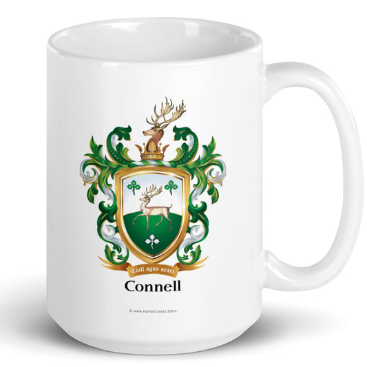 The Connell Family Crest mug with a stag on the shield on a white background
