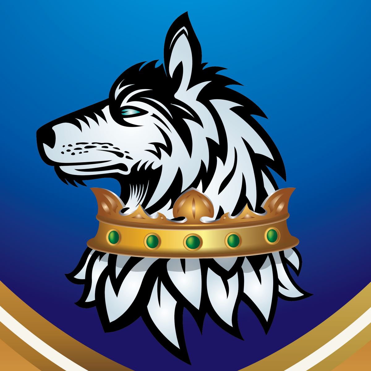 A close-up of the Cook Family Crest showing a white wolf head with black outlines, blue eyes, and a gold crown with green jewel accents on a blue background with curved gold border.
