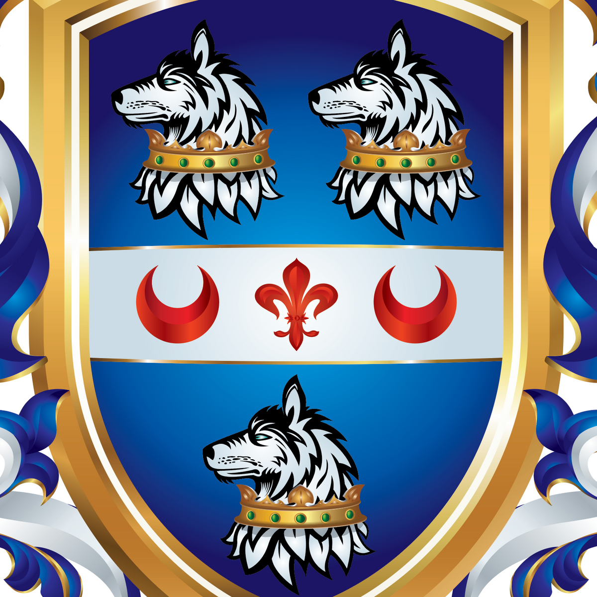 A close-up of the Cook Family Crest with two white wolves wearing gold crowns on a blue field, a white center band with red crescent moons and a red fleur-de-lis, and ornate blue, white, and gold decorative scrollwork around the edges.