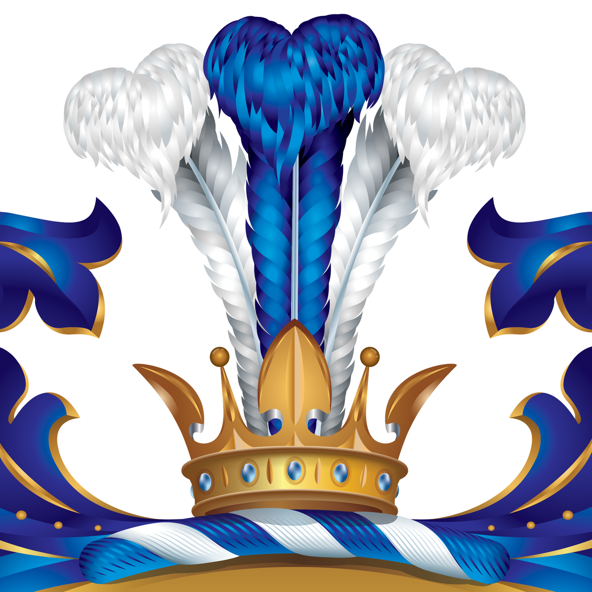 A close-up of the Cook Family Crest with a gold crown, blue and white feathers, blue and white crest cushion and blue-and-gold mantling on a white background.