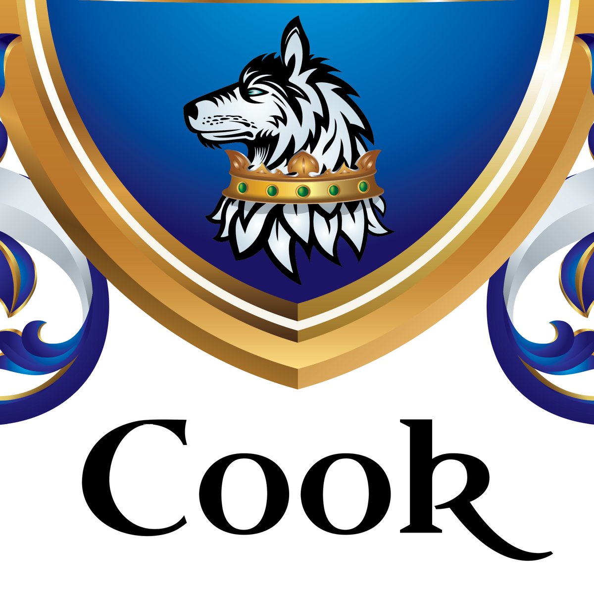 A close-up of the lower half of the Cook Family Crest with a blue shield, white wolf head, gold crown, red fleur-de-lis and crescents, ornate blue-and-gold scrollwork, and the name 'Cook' in large black serif text below on a white background.