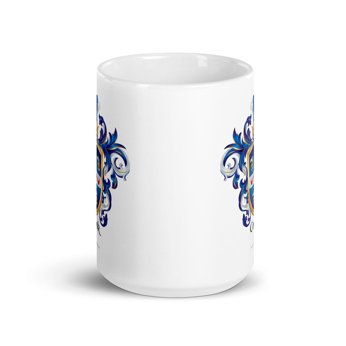Cook Family Crest printed on two sides of a white mug