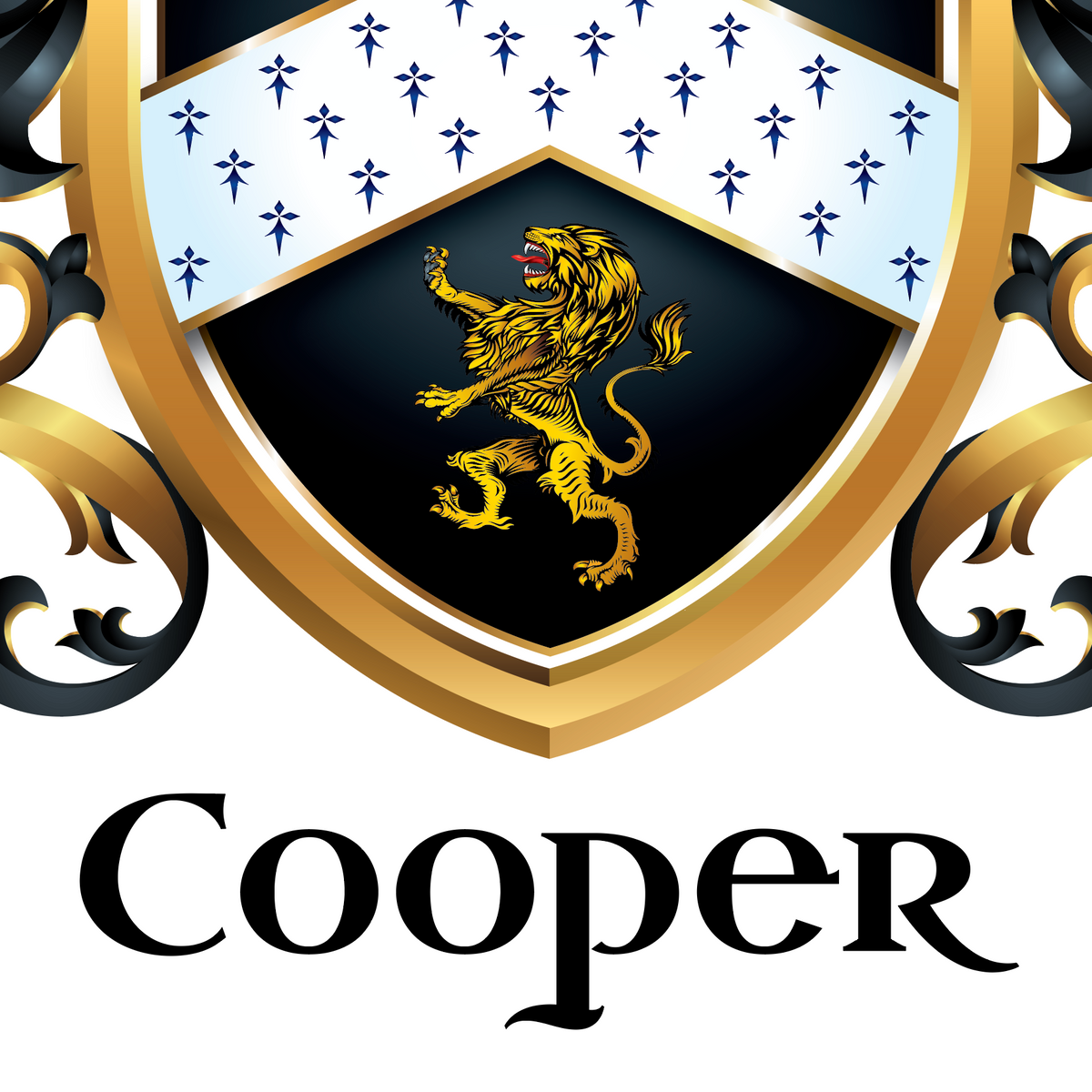 A close-up of the lower half of the Cooper Family Coat of Arms heraldic shield crest with a gold lion rampant on a black field, a white chevron with ermine pattern, and an ornate gold border, above the name 'Cooper' in black serif lettering on a white background.