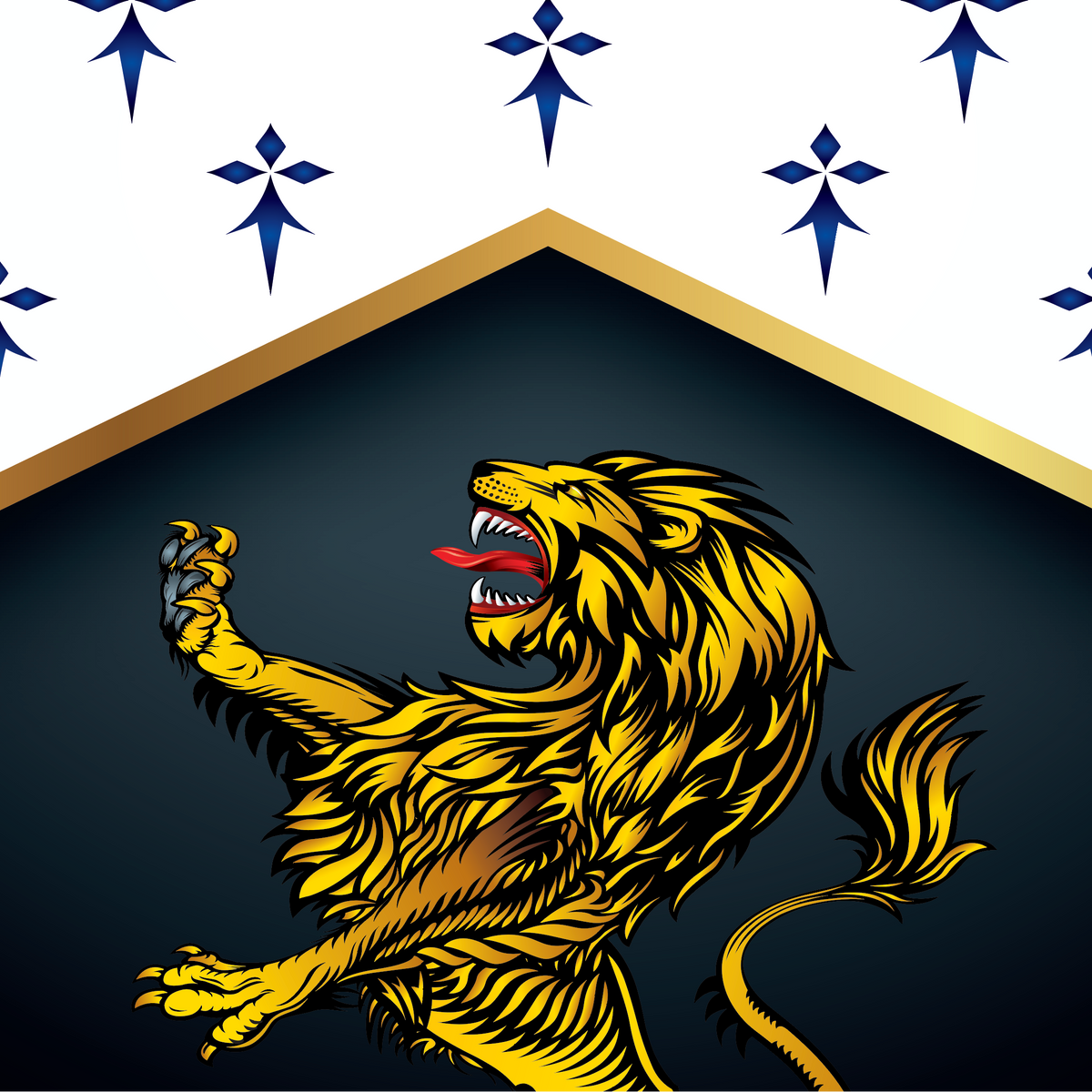 A close-up of the Cooper Family Coat of Arms featuring a roaring golden lion in the on a blsck shield, with a white chevron dividing the image and a white upper section decorated ermine emblems.