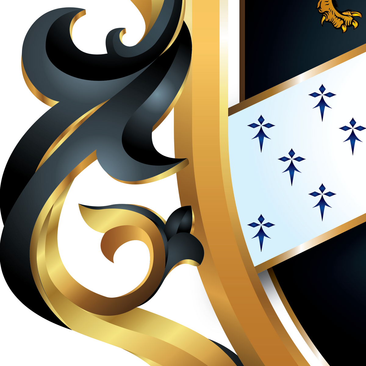 A close-up of the Cooper Family Coat of Arms showing a heraldic shield featuring a black and gold ornamental mantling to the left of the shield.