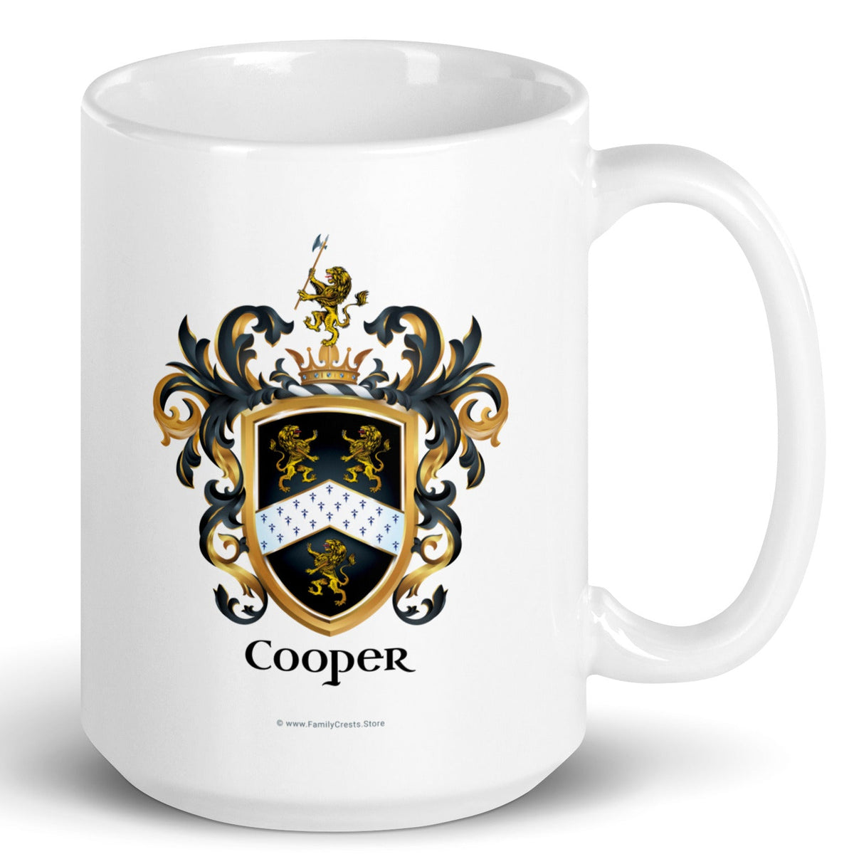 A white mug with handle to right, on a white background, printed with the Cooper Family Crest featuring 3 lions and a patterned chevron on a black shield.