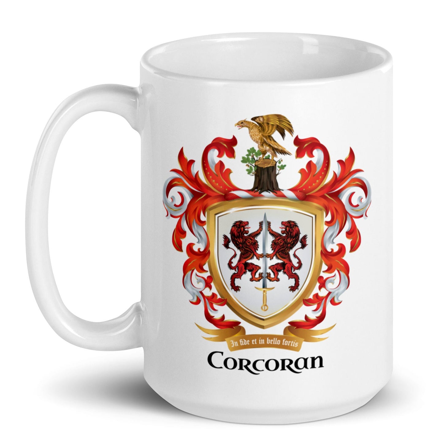A white ceramic mug featuring a detailed Corcoran family crest printed on the front, set against a clean white background.