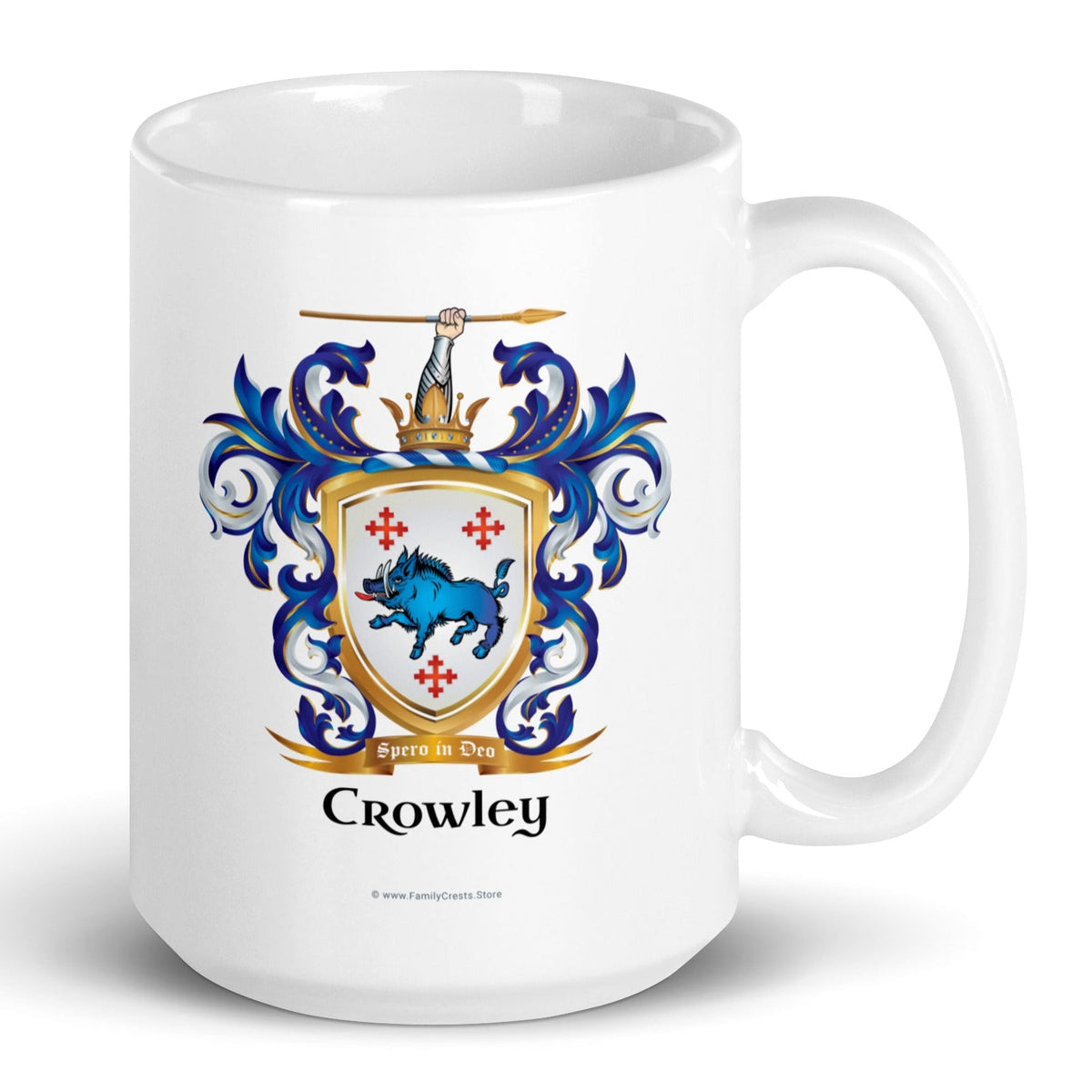 A white mug with the Crowley Family Crest featuring a blue boar