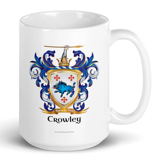 A white mug with the Crowley Family Crest featuring a blue boar