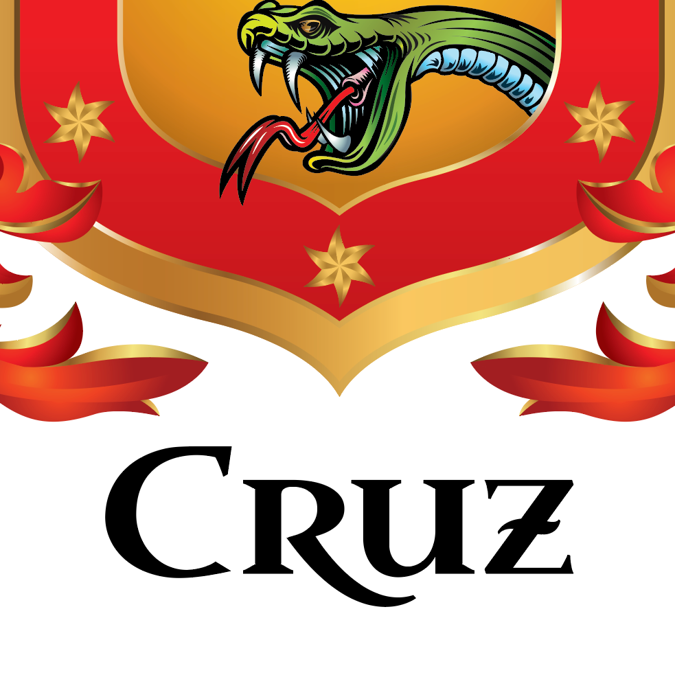 A closeup pf the bottom of the Cruz Family Crest featuring a red and gold shield with a green snake above the name 'CRUZ' in black serif lettering on a white background.