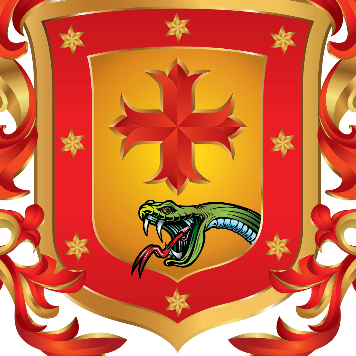 A closeup pf the bottom of the Cruz Family Crest featuring a red border, gold center, a red cross, and a green snake head at the bottom, surrounded by red and gold decorative scrollwork on a white background.