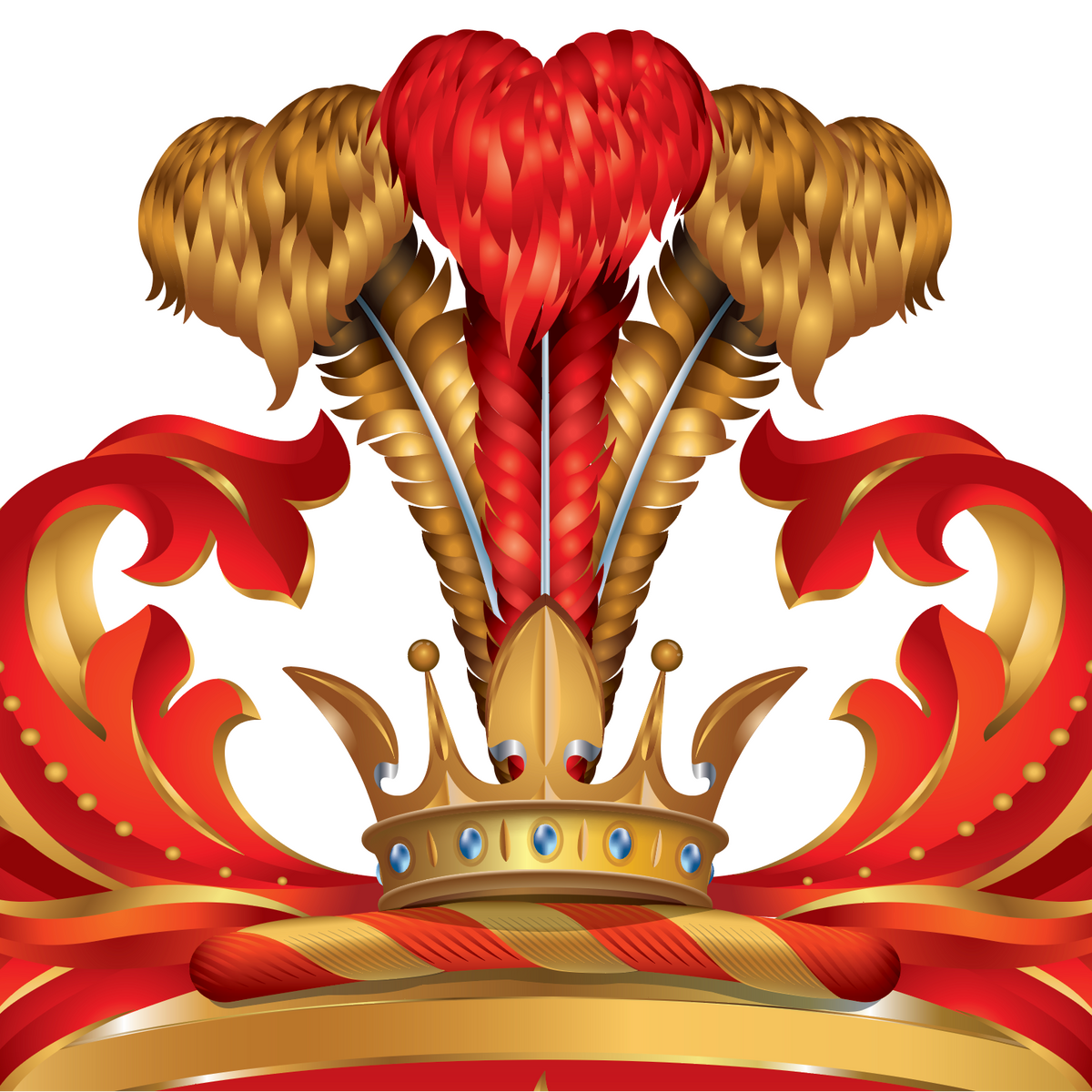 A closeup pf the bottom of the Cruz Family Crest featuring a gold crown with ostrich feathers, and ornate red and gold scrollwork on a plain white background.