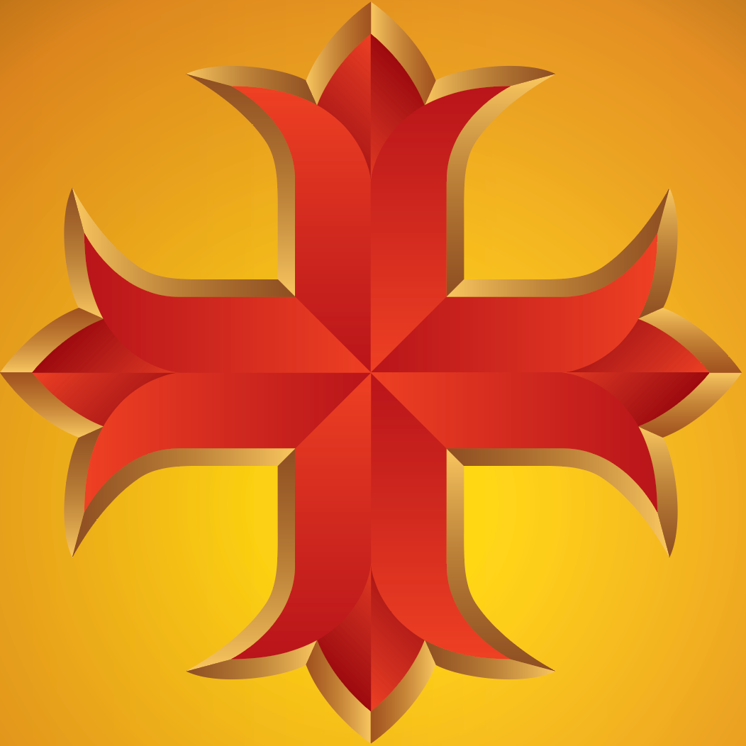 A closeup pf the bottom of the Cruz Family Crest featuring q red cross on a gold background.