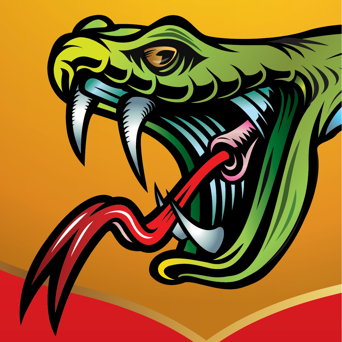 A closeup pf the bottom of the Cruz Family Crest featuring a green snake head with an open mouth, sharp white fangs, a red tongue, and blue-gray teeth, set against a yellow-to-orange gradient background with a red shape at the bottom.