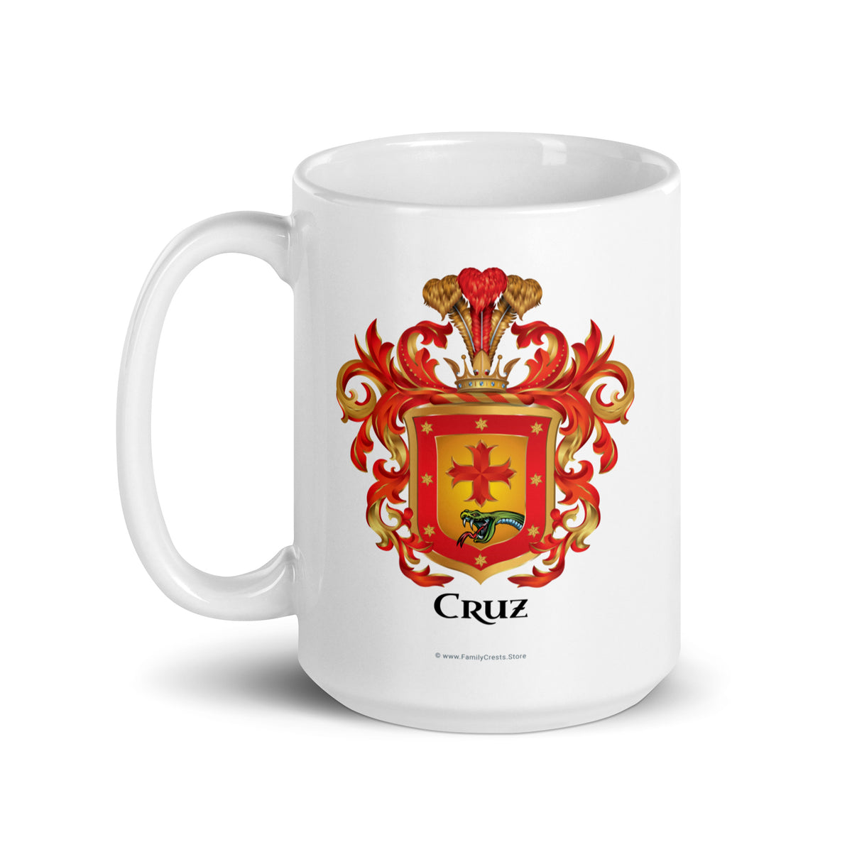 A white mug on a white background, printed with the Cruz Family Crest with cross and snake head. with handle to left.