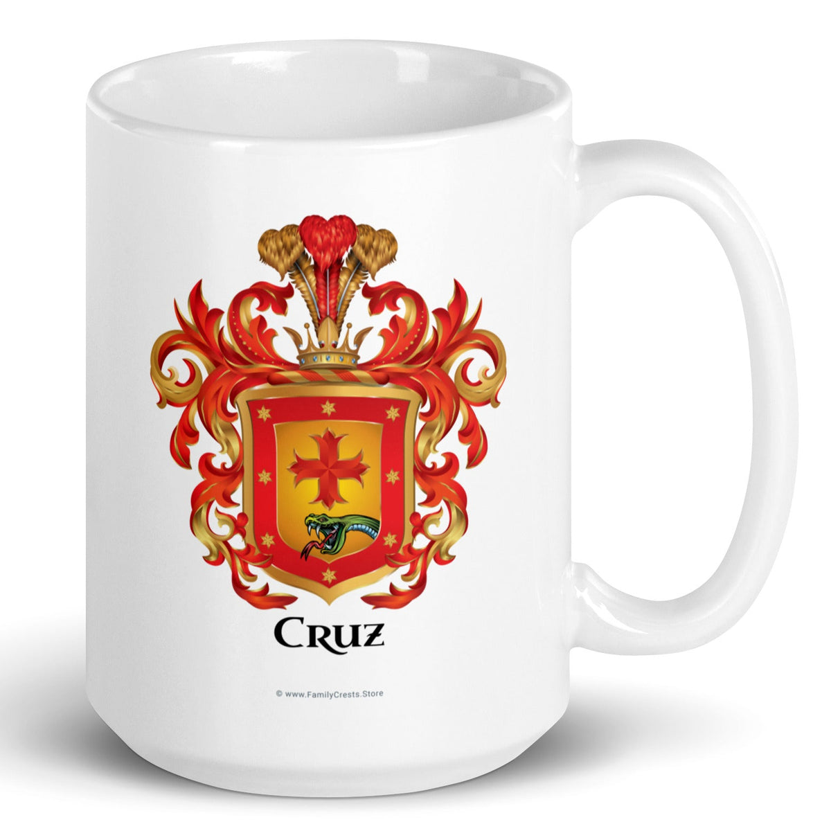 A white mug on a white background, printed with the Cruz Family Crest with cross and snake head handle to right