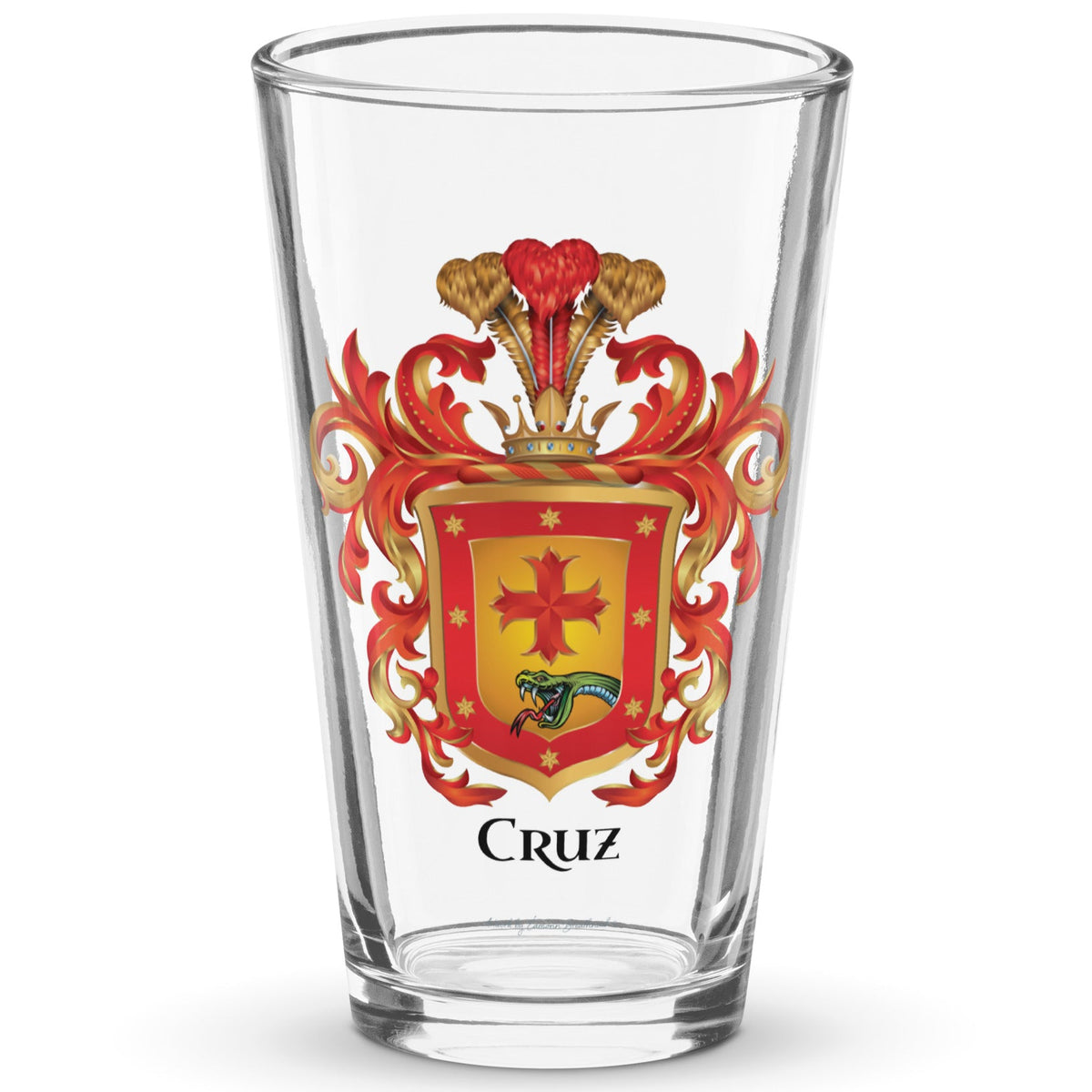 A clear classic pint beer glass on a white background, printed with the Cruz Family Crest 