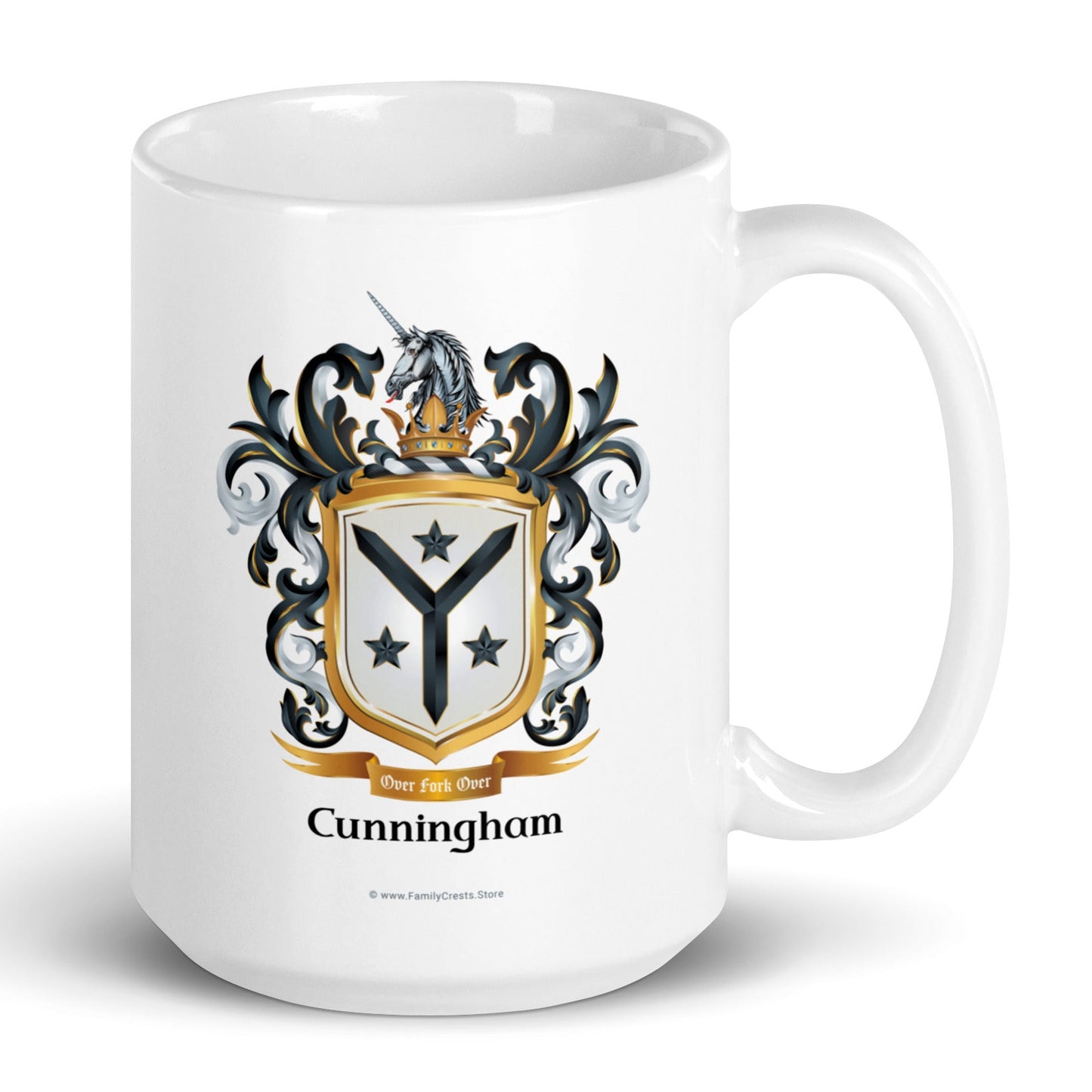 A white ceramic mug featuring a printed family crest with the name 'Cunningham' below it, shown on a clean white background.