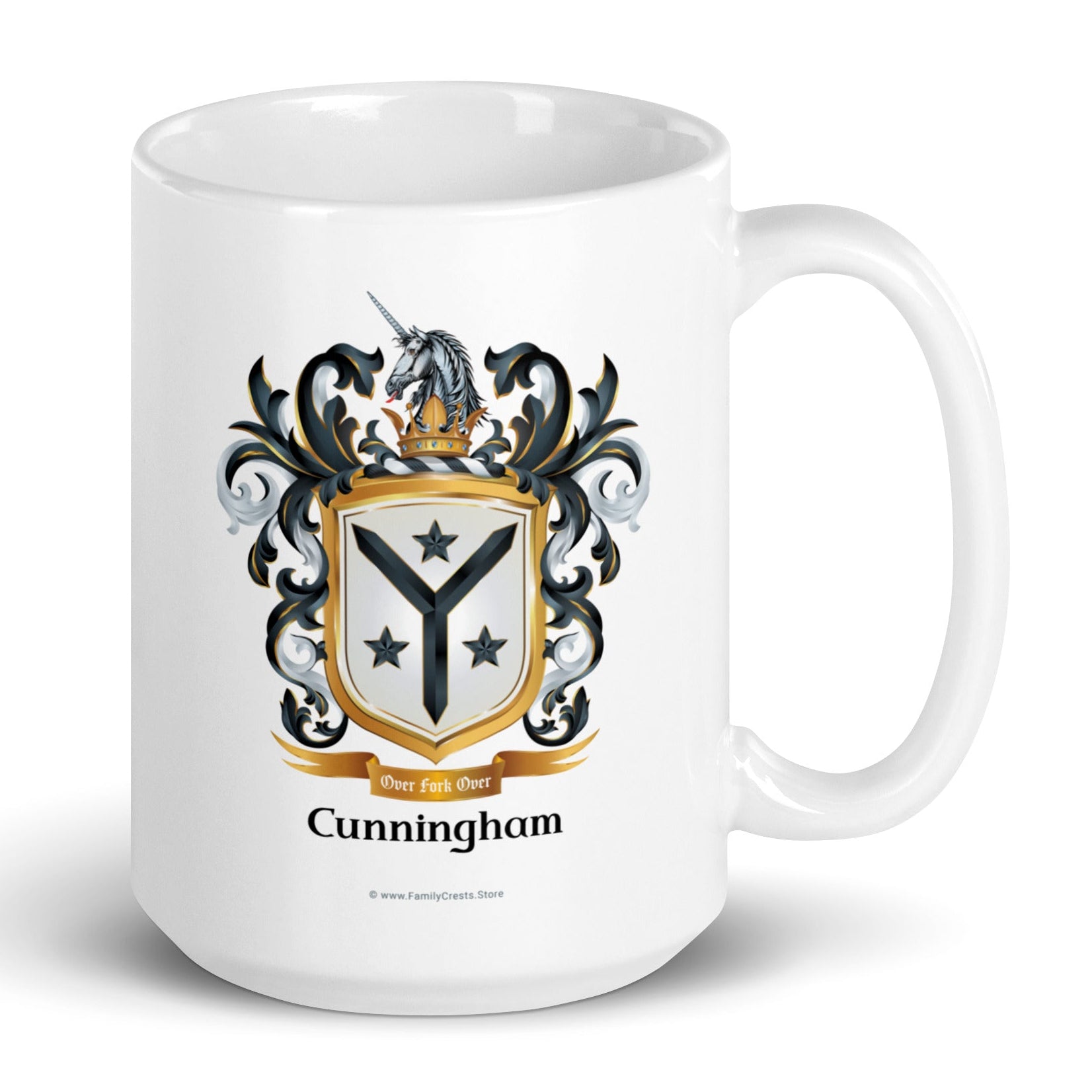 A white ceramic mug featuring a printed family crest with the name 'Cunningham' below it, shown on a clean white background.