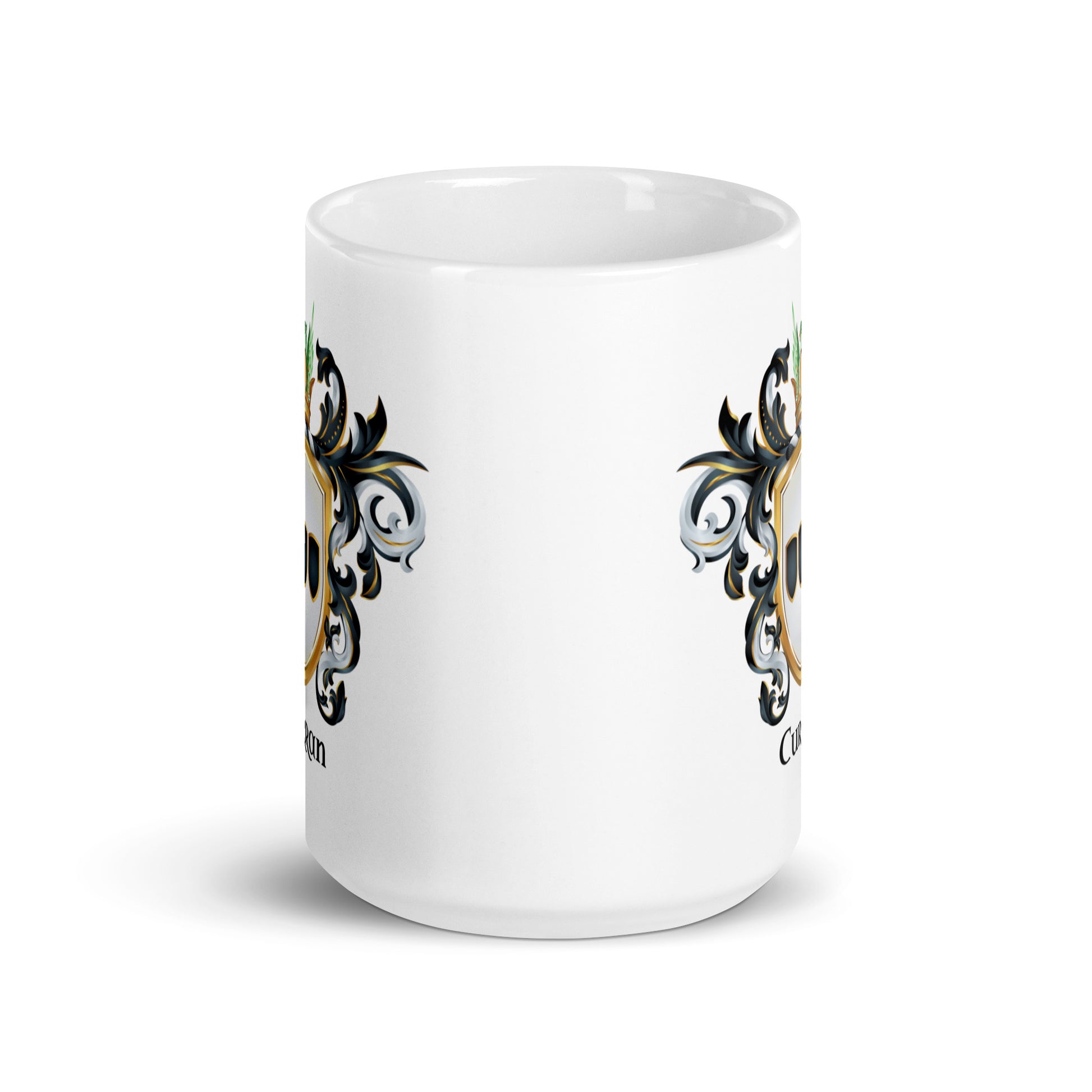 A white ceramic mug with a detailed graphic print featuring a black ornate flourishes, and gold accents of coat of arms on two sides shown on a clean white background.