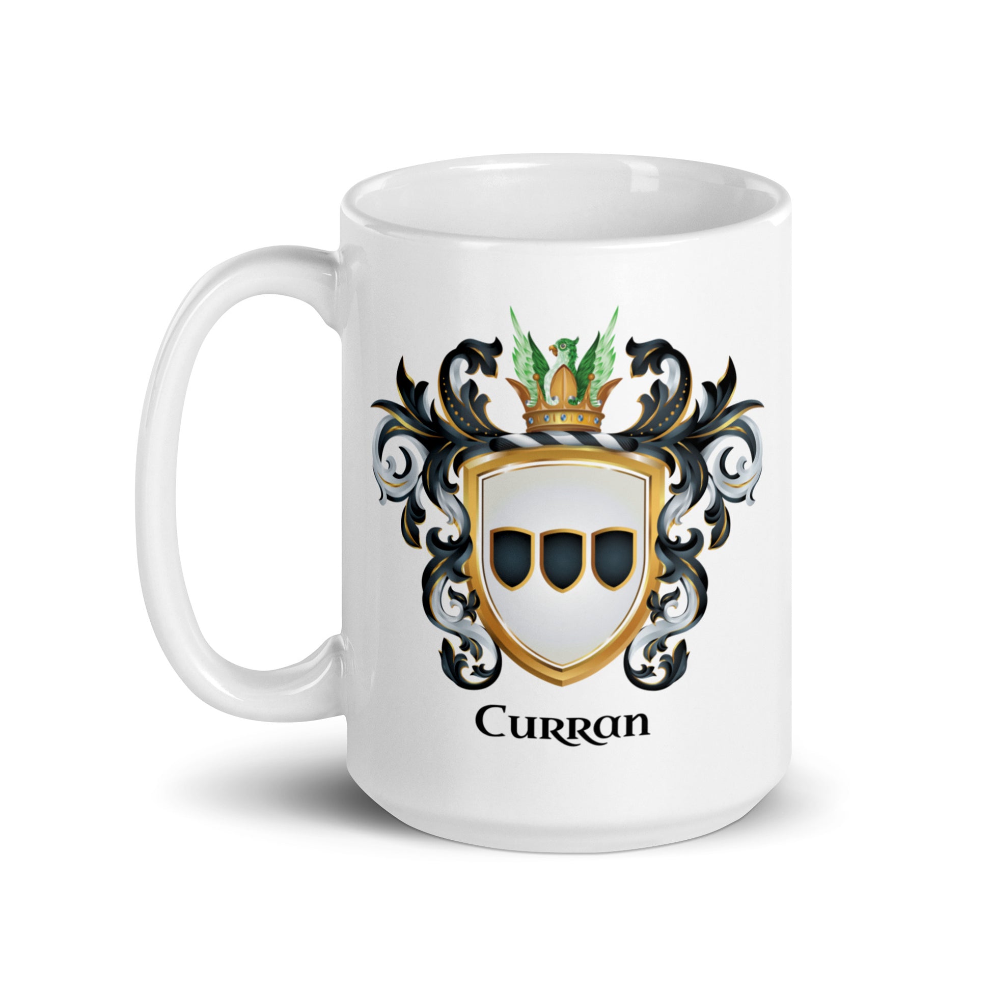 A white ceramic mug featuring a printed family crest with the name 'Curran' underneath, set against a plain white background.