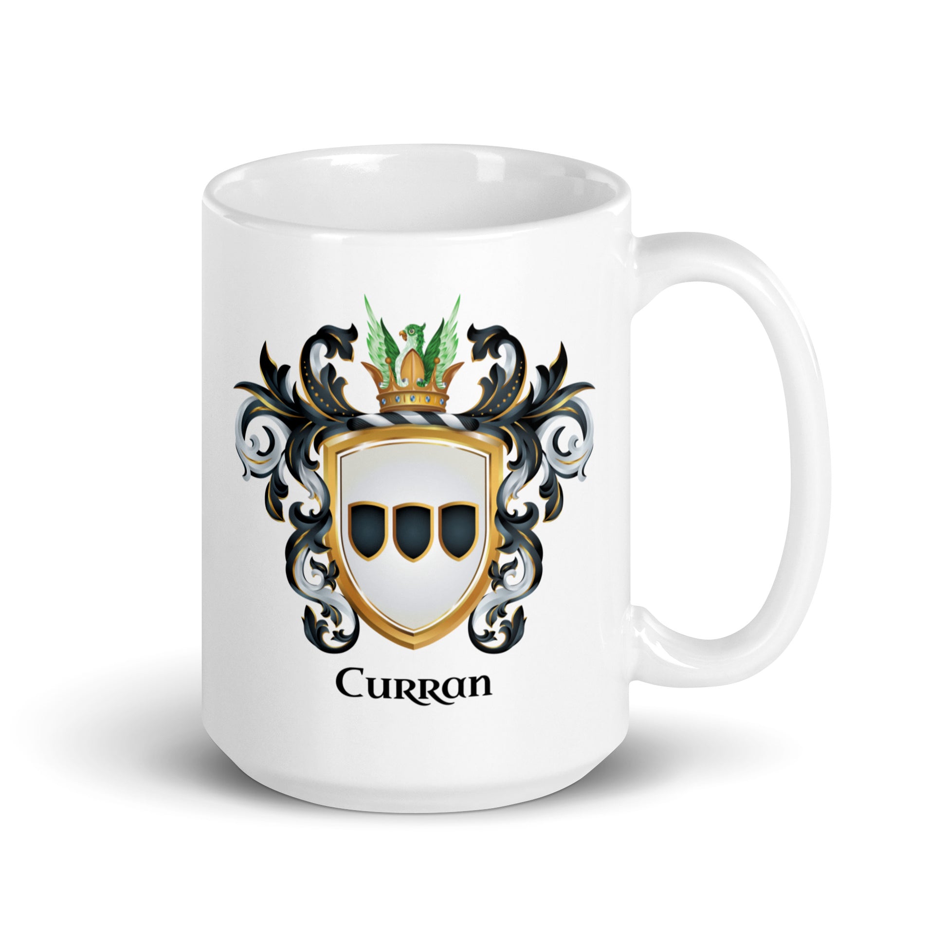 A white ceramic mug featuring a custom family crest with the name 'Curran' printed below in black serif font, set against a plain white background.