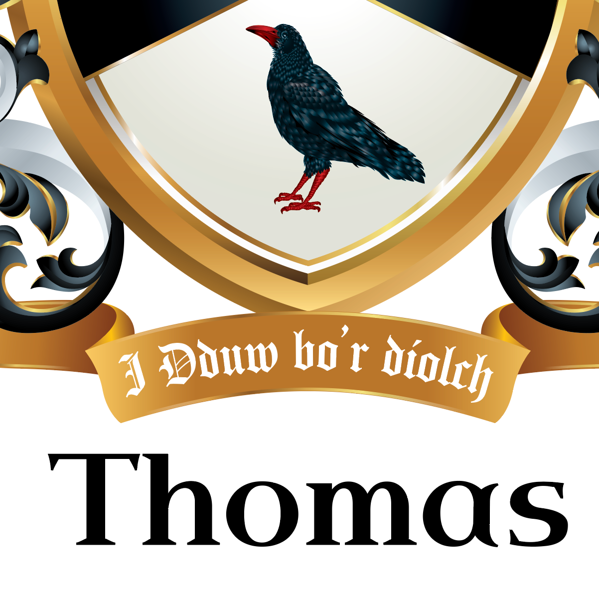 A detail from Thomas Family Crest beer glass with a bird emblem and 'Thomas' text and ribbon with motto