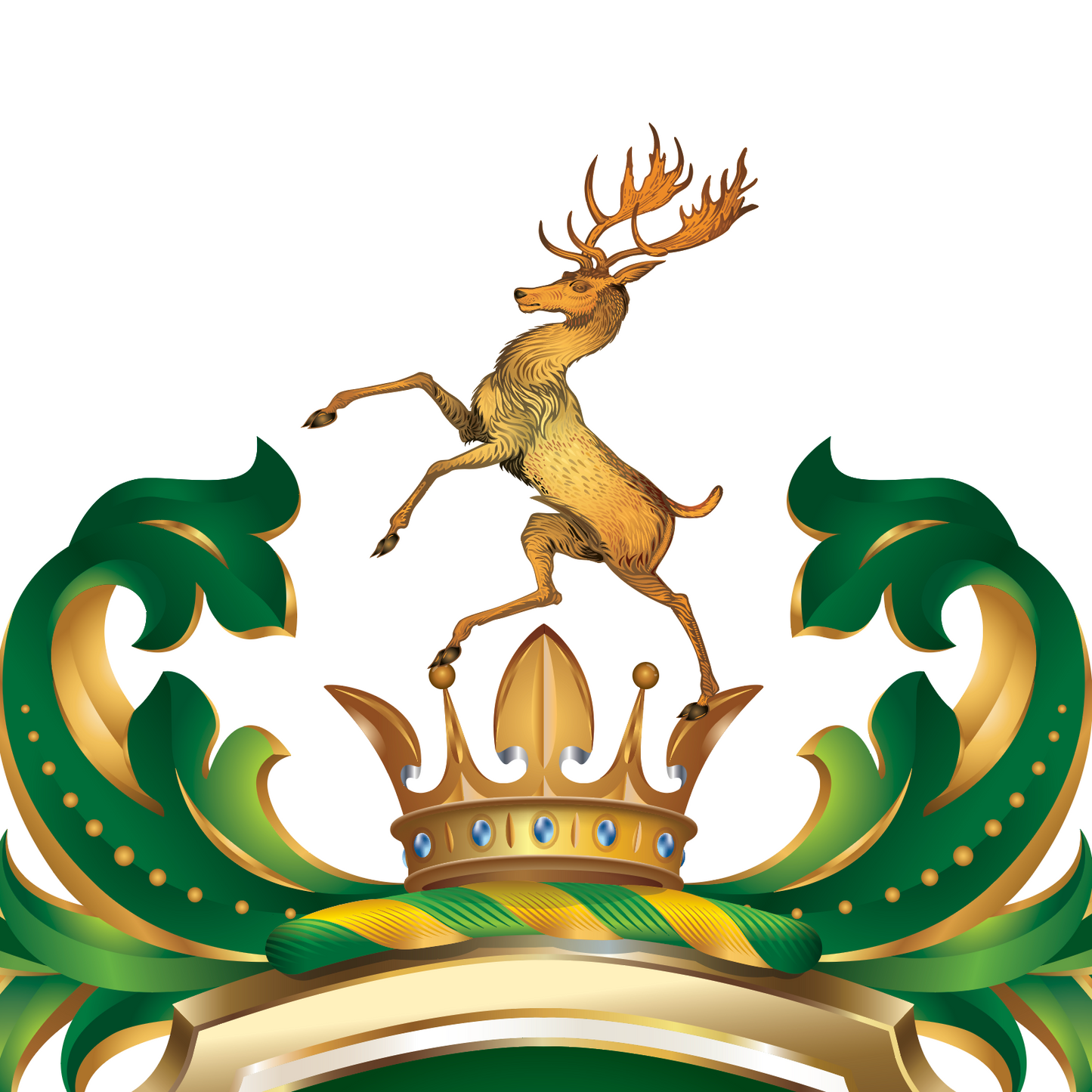 Detailed close up of Robinson Family Crest crown and deer with mantling on a white background
